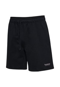 Shorts de sport noirs en tissu doux, avec une taille élastique munie d'un cordon de serrage, et un petit logo sur le côté inférieur.