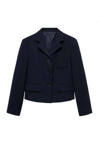 Veste courte bleu marine en tissu texturé, avec un col cranté, trois boutons à l'avant et deux poches latérales.