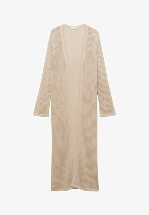 Bež kardigan dugih rukava otvorenog prednjeg dijela, s labavim pletenim teksturom, ravnog kroja bez kopčanja.