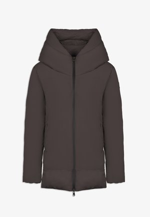 Doudoune brun foncé avec un col montant, fermeture éclair intégrale, manches longues et finition texturée, conçue pour la chaleur et le confort.