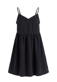 Robe noire sans manches avec fines bretelles réglables, encolure en V, taille froncée et jupe fluide en ligne A.