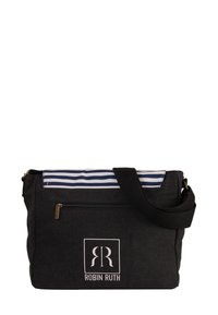 Zwarte stoffen schoudertas met een gestreepte bovenkant in blauw en wit, voorzien van een voorvak met ritssluiting en een verstelbare zwarte schouderriem. Logo prominent weergegeven.