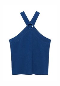 Blue ribbed halter top with wide straps crossing at the back, featuring a circular accent at the neckline. Smooth texture, fitted design.