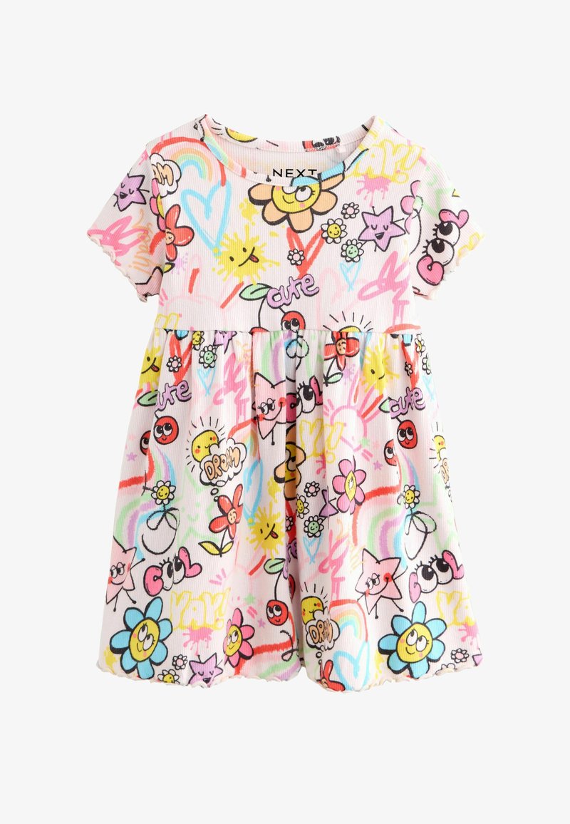 Robe à manches courtes pour tout-petit avec des gribouillis colorés de fleurs souriantes, d'étoiles, de cœurs, d'arcs-en-ciel et des mots comme "cute" et "yay" sur un fond blanc.