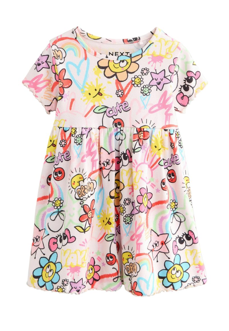 Robe à manches courtes en tissu doux, ornée d'un imprimé ludique de fleurs colorées, d'étoiles et de visages souriants sur un fond rose clair.