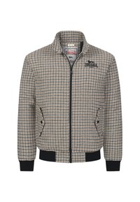 Czarna i brązowa bomberka w kratę. Posiada zamki z przodu, dwie boczne kieszenie oraz ściągacze na rękawach. Materiał wydaje się teksturowany.