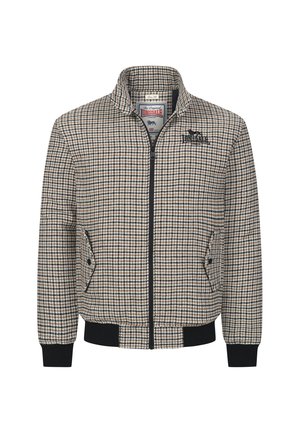 Chaqueta bomber de cuadros en marrón y negro. Presenta un cierre frontal, dos bolsillos laterales y puños acanalados. El material parece texturizado.