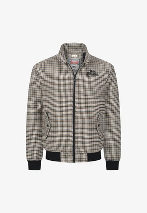 Pruunis ja mustas kontrollitöös bomber-jakk. Omab esimest lukku, kahte külge taskut ja soonikkoesid. Materjal näeb välja tekstuurne.