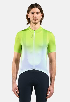 Kurzärmliges Radtrikot in einem Farbverlauf von Limettengrün zu Weiß, hergestellt aus leichtem, feuchtigkeitsableitendem Material mit einem Reißverschluss auf der Vorderseite.