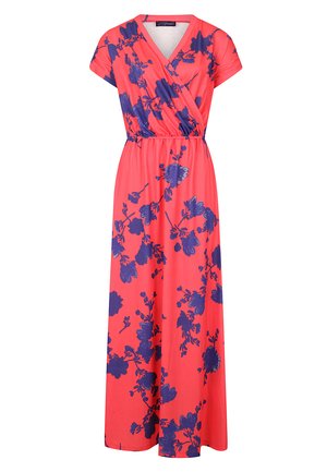 Korallkrāsas maksikleita ar wrap dizainu, īsām piedurknēm un zilā krāsā ziedu rakstu. Iekļauj elastīgu jostasvietu, kas nodrošina labi pieguļošu un plūstošu apģērbu.