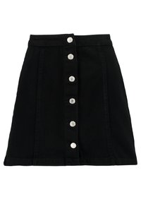 Falda de mezclilla negra con forma de A, detalle de botones frontales con seis botones plateados y un dobladillo limpio y sin embellishments.