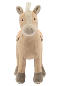 Soft plush horse toy in beige, with a white mane, gray hooves, and a patterned saddle in pastel colors. Durable, textured fabric design.