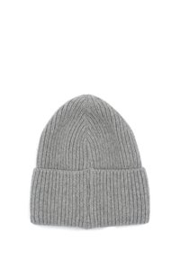 Gray ribbed knit beanie with folded cuff, tapered top, and symmetrical stitching, isolated on white background.