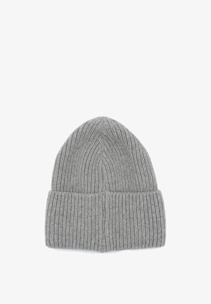 Gray ribbed knit beanie with folded cuff, tapered top, and symmetrical stitching, isolated on white background.