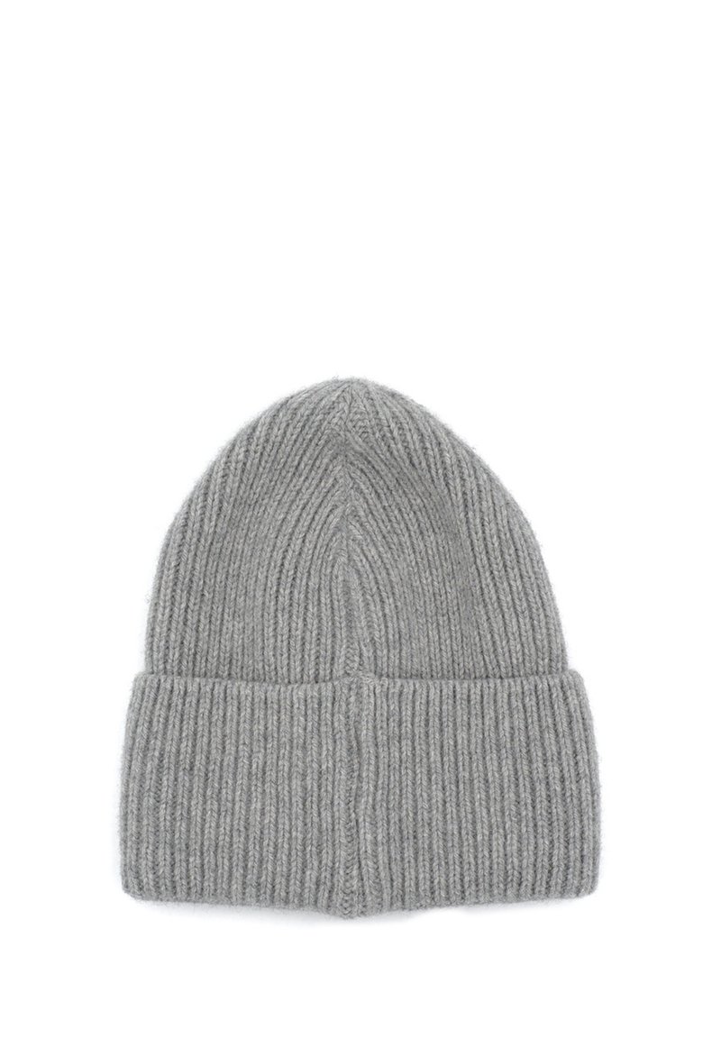 Gray ribbed knit beanie with folded cuff, tapered top, and symmetrical stitching, isolated on white background.