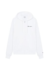 Weißer Kapuzenpullover mit Reißverschluss aus Baumwollmischung. Verfügt über eine Kängurutasche, eine Kapuze mit Kordelzug und das schwarze "Champion"-Logo auf der linken Brustseite.