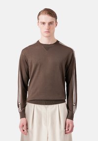 Maglione a maniche lunghe marrone in maglia, con strisce bianche sulle spalle e sulle maniche, colletto a girocollo e orlo e polsini a costine.