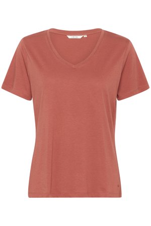 Tricou cu mânecă scurtă și decolteu în V, într-o nuanță muted de teracotă. Fabricat dintr-un material moale, cu o croială lejeră. Prezintă un mic eticheta a mărcii pe lateral.