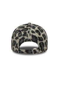 Leopard print baseball cap in gray and black faux fur, featuring adjustable strap at the back, rounded shape, and stitched details.