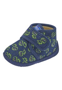 Denim saappaat, joissa on sinivihreitä monsterikuvioita, tarrasankalla, pyöreällä muodolla ja pehmeällä teksturoidulla vuorilla. Joustava kumipohja.