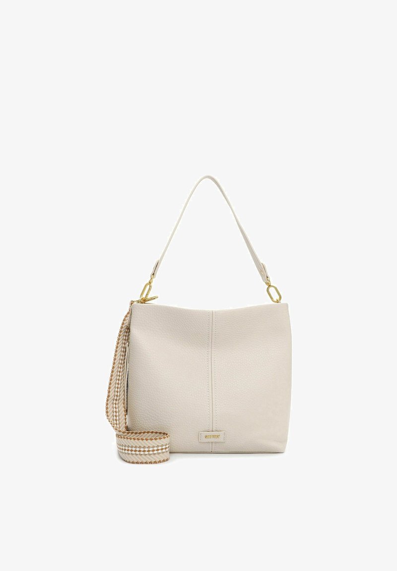 Beige Lederhandtasche mit strukturierter Oberfläche, ausgestattet mit einem einzigen oberen Griff und einem abnehmbaren, gestreiften Schulterriemen. Goldfarbene Metallakzente.