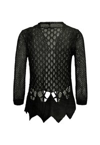 Pulover negru, tricotat deschis, cu mâneci lungi și margine în valuri. Prezintă un model în diamant și detalii decupate pe marginea de jos.