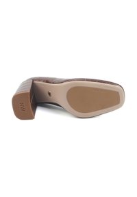 Brauner Absatzschuh mit gesteppter Optik, ausgestattet mit einer strukturierten Sohle und markiertem Innenfutter. Der Absatz ist moderat hoch und hat eine quadratische Form.