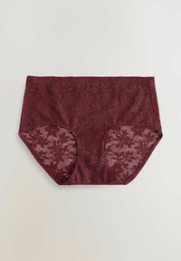 Kastanjelilla pitsinen hipster-alushousu, jossa on kukkakuvioita, sileä pinta ja täysikokoinen muotoilu pehmeillä joustavilla reunoilla.