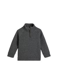 Szary polarowy sweter z wysokim kołnierzem, pół zamkiem błyskawicznym, rękawami raglanowymi oraz ściągaczami na mankietach i u dołu. Teksturowana tkanina, bez wzorów czy grafik.