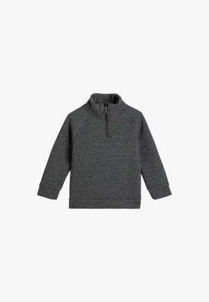 Grå fleece-pullover med høj krave, halvlukning, raglanærmer samt ribbet manchet og kant. Tekstureret stof, ingen mønstre eller grafikker.