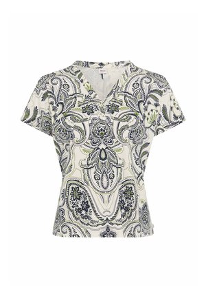 Dames overhemd met korte mouwen en V-hals, met een getailleerde taille en een ingewikkeld zwart en olijfgroen bloemen paisley-patroon op een witte achtergrond.