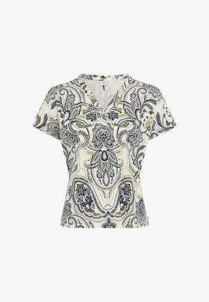 Dames overhemd met korte mouwen en V-hals, met een getailleerde taille en een ingewikkeld zwart en olijfgroen bloemen paisley-patroon op een witte achtergrond.