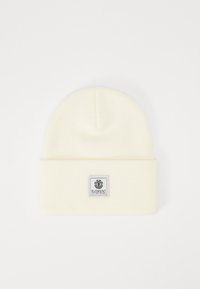 Gorro de punto color crema con un dobladillo y un parche cuadrado que presenta el logo de Element en blanco y negro en la parte frontal. Textura suave.