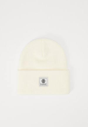 Cream knit beanie with a folded cuff and a square patch featuring the Element logo in black and white on the front. Soft texture.