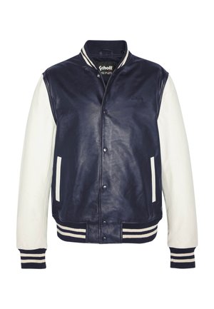 Marineblaue und weiße Collegejacke mit Druckknöpfen, gestreiftem, geripptem Kragen, Bündchen und Saum sowie Vorder- taschen.