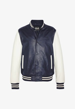 Navy blue and white varsity jacket with snap buttons, striped ribbed collar, cuffs, and hem, and front pockets.