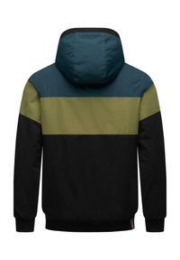 Kapuzejacke mit Farbblockdesign in Teal, Oliv und Schwarz; aus weichem Material; gerippte Bündchen und Saum.