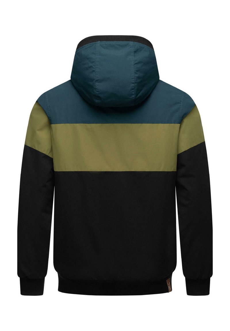 Kapuzejacke mit Farbblockdesign in Teal, Oliv und Schwarz; aus weichem Material; gerippte Bündchen und Saum.