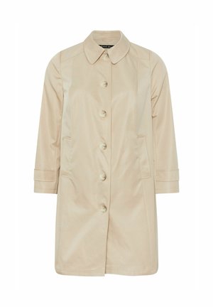 Beige trenchcoat med enkeltspænde, spids krave, lange ærmer, to sidelommer og seks knapper foran.