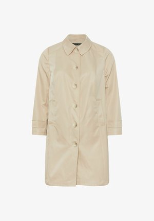 Beiger einreihiger Trenchcoat mit spitzem Kragen, langen Ärmeln, zwei Seitentaschen und sechs Knöpfen vorne.