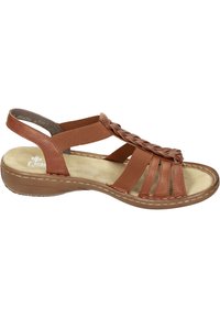 Brown leather sandal with braided detailing, elastic straps, and a cushioned insole. The wedge sole is lightly textured for grip.