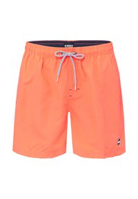 Felle oranje zwembroek met een elastische tailleband, verstelbare trekkoord en een zijzak. Heeft een klein logo op de onderrand.