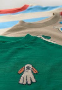 Tre magliette: verde con un design di un cane ricamato, beige con accenti a righe blu e rosse, e blu con motivi a righe.