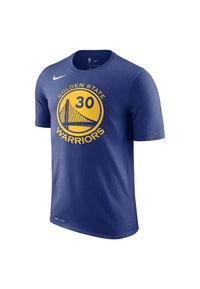 Camiseta azul de Nike hecha de algodón con mangas cortas. Presenta un cuello redondo, el logo de "Golden State Warriors" y elementos gráficos en amarillo.