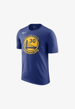 Sininen Nike T-paita, joka on valmistettu puuvillasta ja jossa on lyhyet hihat. Ominaisuuksiin kuuluu pyöreä kaula-aukko, "Golden State Warriors" -logo ja keltaiset graafiset elementit.