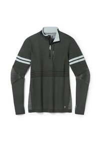 Mørkegrå langærmet pullover med kvart lynlås, struktureret paneler, lysegrå striber på ærmerne og mesh-detaljer langs siderne.