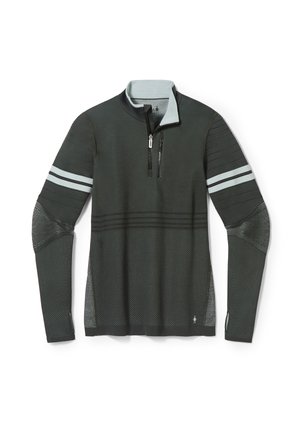 Pullover lungo a maniche con zip a un quarto di colore grigio scuro, con pannellature testurizzate, strisce grigie chiare sulle maniche e dettagli in rete lungo i lati.