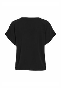 Juodas trumpomis rankovėmis marškinėliai su laisvu siluetu, apvaliu kaklu ir šiek tiek tekstūruotu paviršiumi. Paprastas dizainas be matomų raštų ar akcentų.