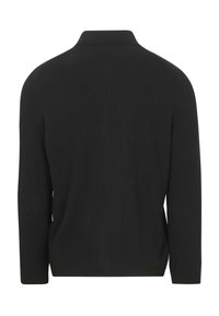 Schwarzer, gerippter Pullover mit kragenförmigem Ausschnitt, langen Ärmeln und seitlichen Schlitzen am Saum für mehr Bewegungsfreiheit.