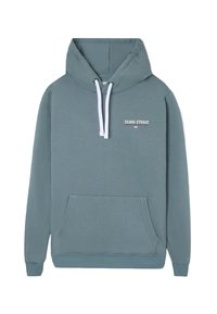 Sudadera azul-verde con cordones blancos, bolsillo tipo canguro frontal y texto "Silbon Étnico" en el pecho.